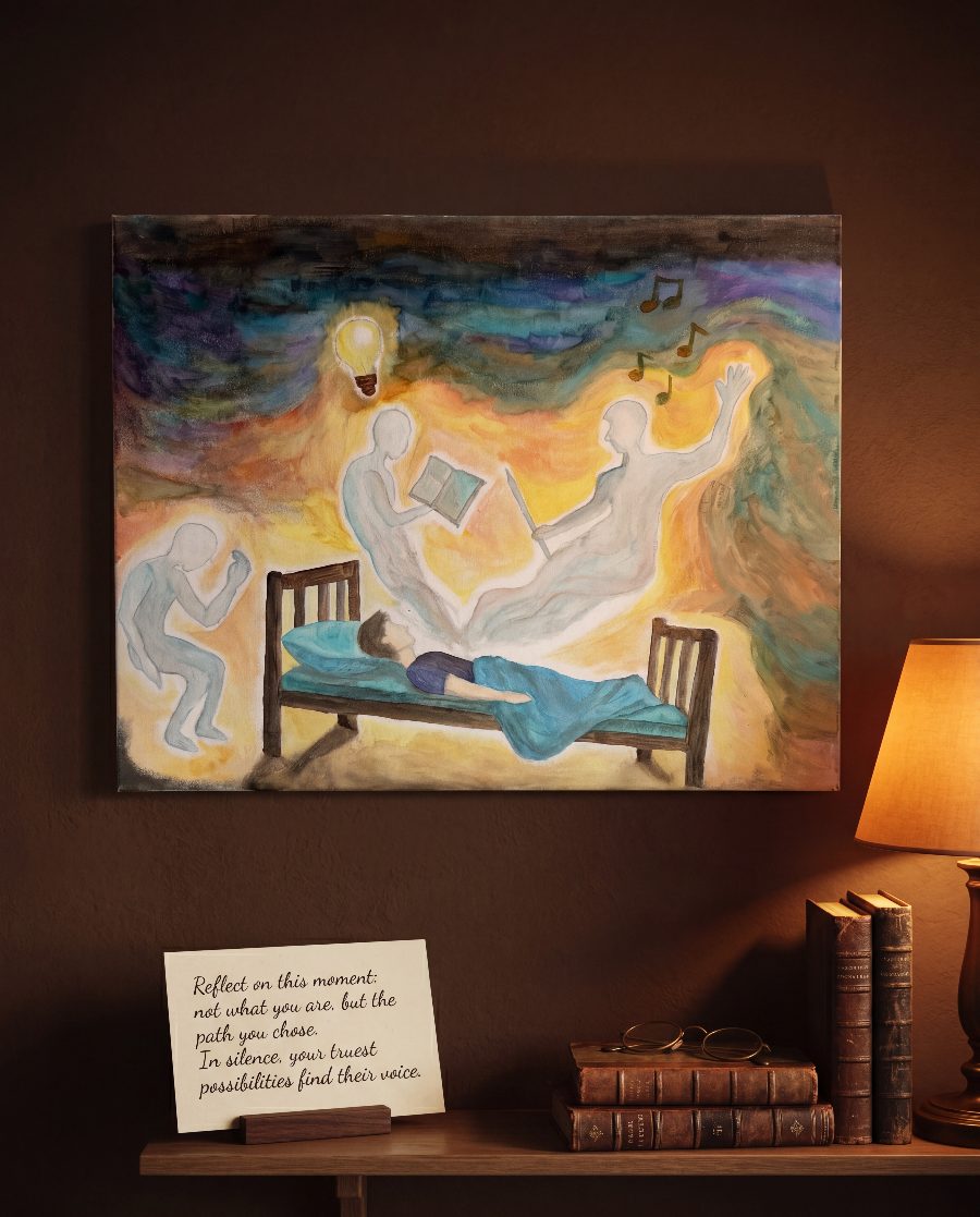 A sleeping figure and the paths not yet taken — possibilities finding their voice