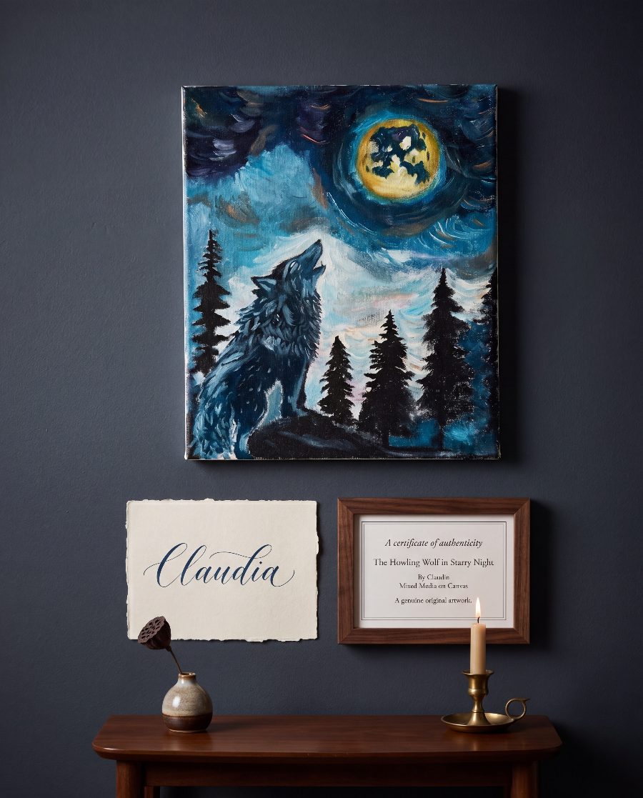 ‘The Howling Wolf in a Starry Night’, signed Claudia, with certificate of authenticity