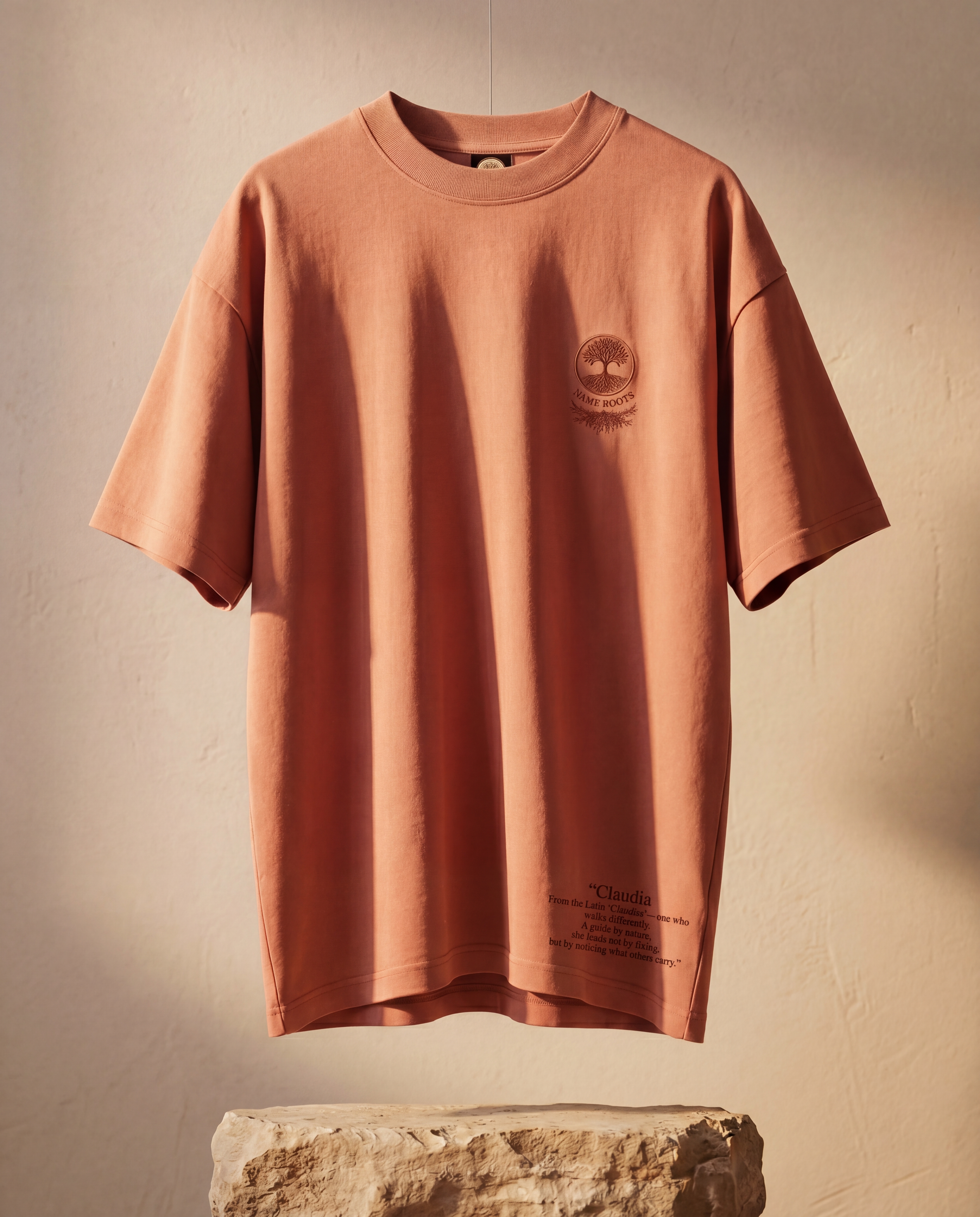 Name Roots tee — terracotta, clean